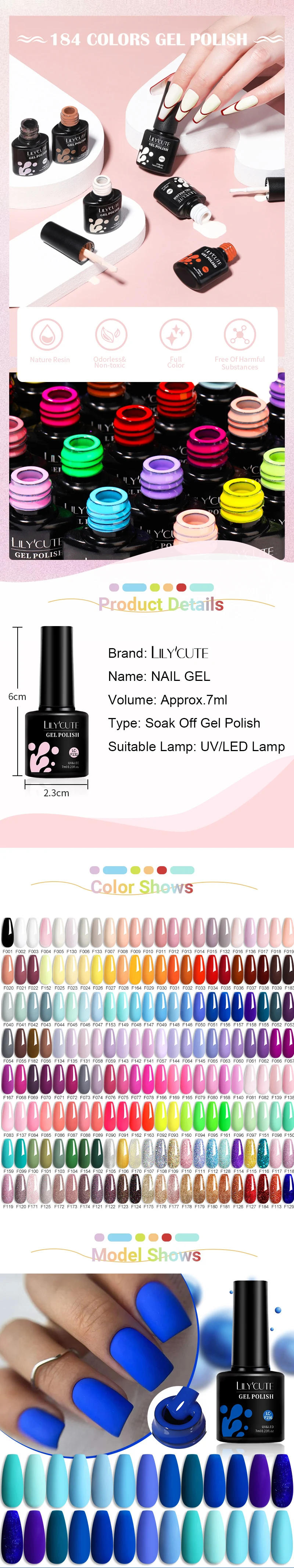 Description Picture 2 of itemLILYCUTE 7ml Sparkling Glitter Gel Nail Polish 184 Trendy Autumn Colors Long Lasting For Manicure Soak Off Nail Art Gel Varnish
