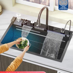 5MM thickness SUS304 Stainless Steel Waterfall Kitchen Sink Large Single Slot Integrated Digital Display Faucet Set Cup Washer