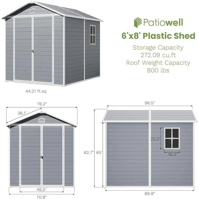 Description Picture 6 of item6 x 8 FT Outdoor Storage Shed, Resin Storage Shed with Floor & Lockable & Window Door for Patio Furniture, Bicycle, Grey & White