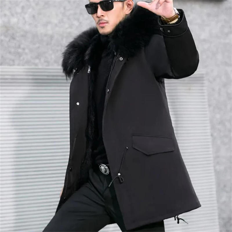 Description Picture 3 of itemMen Plush Coats Fox Hair Inner Liner Detachable Collar Long Fur Parkas Fur Jacket Tops Faux Fur Coat Loose Outerwear Thick Warm