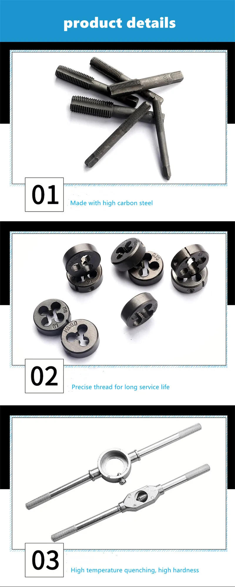 Description Picture 5 of item12/20/40pcs tap die set M3-M12, tool combination for manual internal and external thread tapping, thread repair drilling