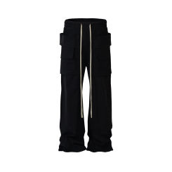 Ro Style Double Pockets Drawstring Wide Leg Cargo Pants for Men and Women Straight Black Baggy Trousers Oversized