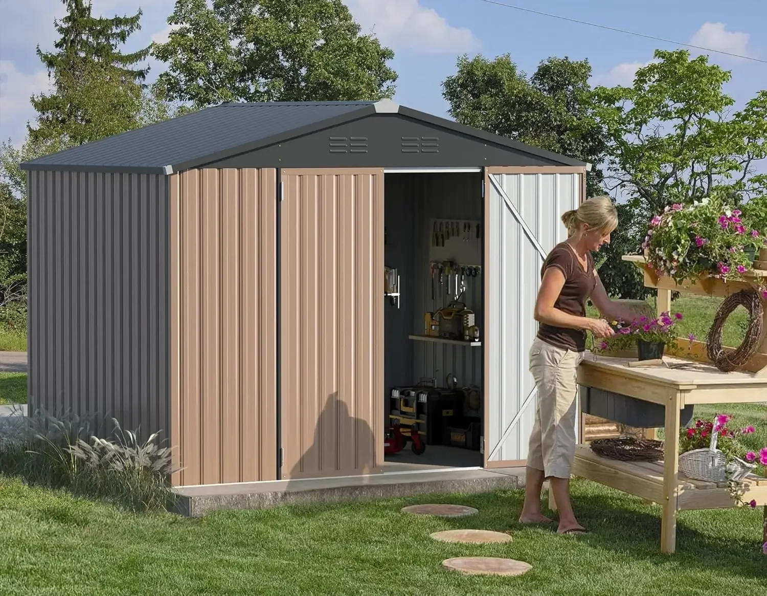 Description Picture 3 of item8' x 6' Metal Outdoor Storage Shed, Lockable Bike Shed,Garden Shed &Tool Shed for Backyard, Patio, Lawn,Brown