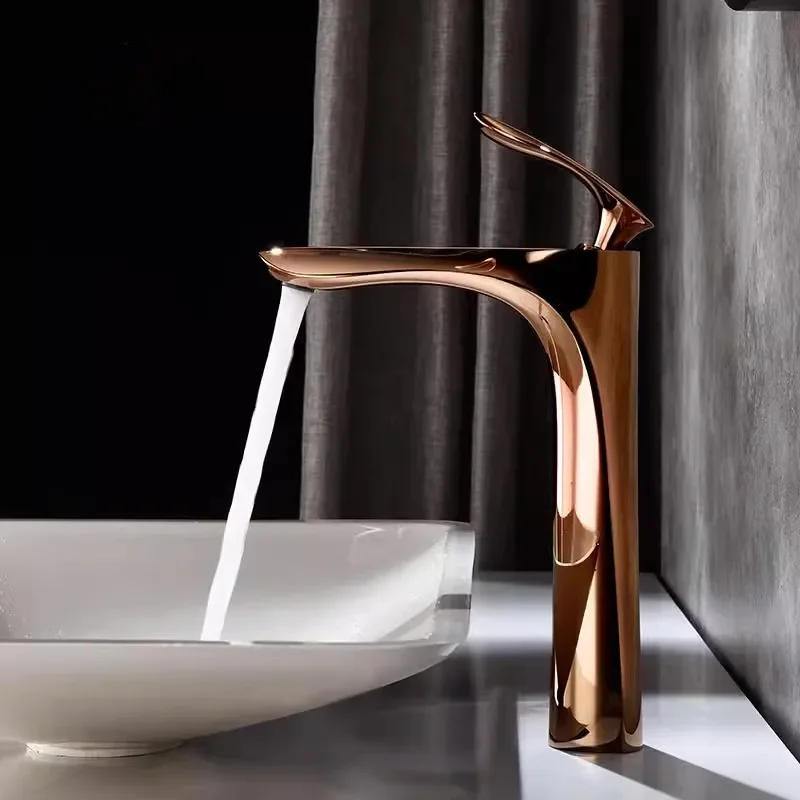 Description Picture 2 of itemRose Gold Bathroom Faucets Brief Basin Faucet Sink Mixer Hot & Cold Deck Mounted Lavatory Crane Water Tap