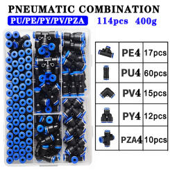 114Pcs/Box 4mm PU-4/PE-4/PZA-4/PY-4/PV-4/PG-4 Pneumatic Connectors Kit Quick Release Air Compressor Parts Hose Pipe Tube