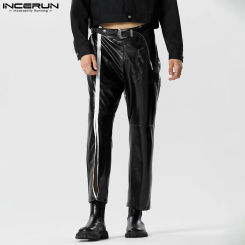 INCERUN 2024 American Style New Mens Pants Fashion V-shaped Waistband Split Leather Trousers Casual Hot Selling Pantalons S-5XL