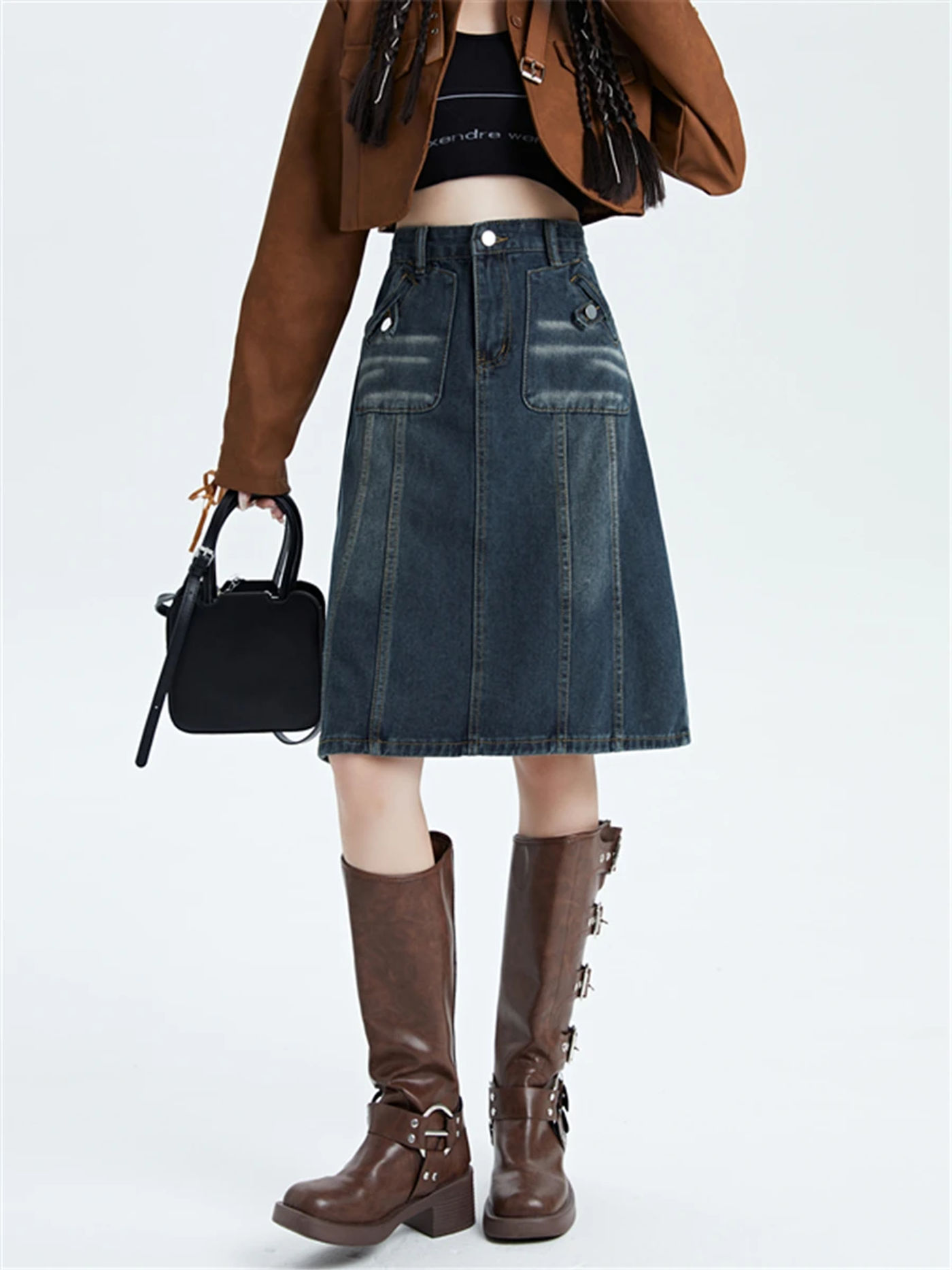 Description Picture 6 of itemAmerican Style Vintage Washed Denim Skirt for Women High Street Loose Wide Leg Design Sense Midi Skirt