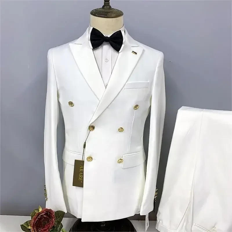 Description Picture 6 of item2024 Formal Business 2 Pieces Mens Suit Brown Tuxedos Double-breasted  Metal Jacket for Wedding Groom(Blazer+Pants)
