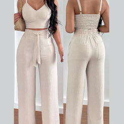 Women's Fashion Printed Halter V-Neck Short Vest Suit Top Work Wide Leg Pants Matching Suit Summer Casual Women's Elegant Suit
