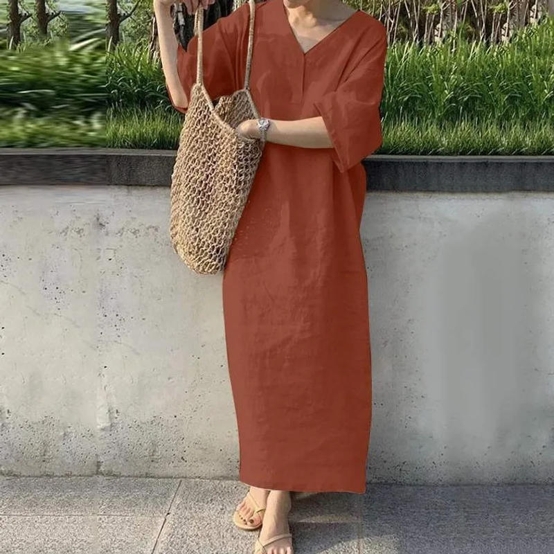 Description Picture 5 of itemCotton And Linen Dress For Women 2024 Summer Short Sleeve V-neck Solid Color Casual Loose Long Dress Elegant Women's Clothing