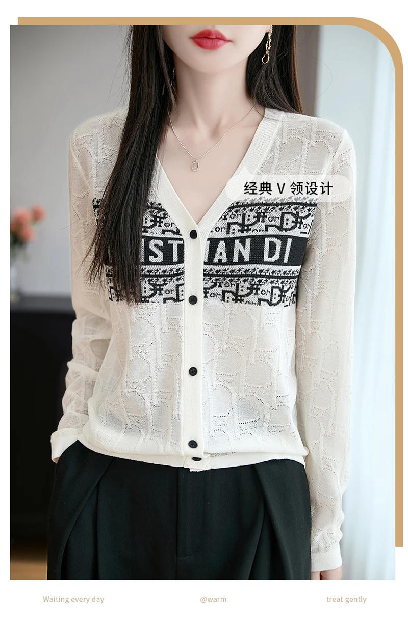 Description Picture 5 of item2025 Spring/Summer New Women's Collection; 100% Lycer Knitted V-neck Cardigan Letter Jacquard