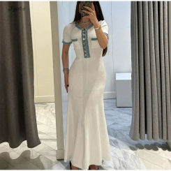 Denim Patchwork Kinitting Fashion Long Dress Tight Single Breasted Chic White Women Dress Versatile Street Summer Spring Vestido