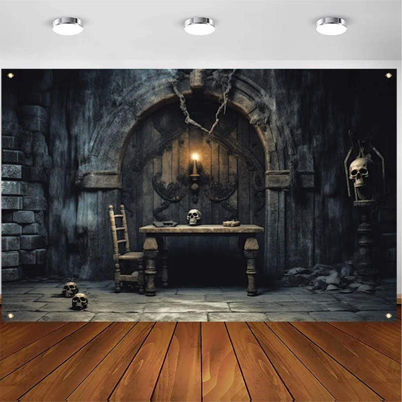 Description Picture 3 of item1 piece, Halloween polyester decorative banner, retro dungeon photography background cloth, Halloween happy horror thriller