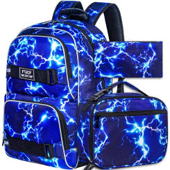 3PCS Lightning boys Backpack, 16 Inch School Laptop Bookbag Teen College Water Resistant Kids Backpacks with Lunch Box Set Blue