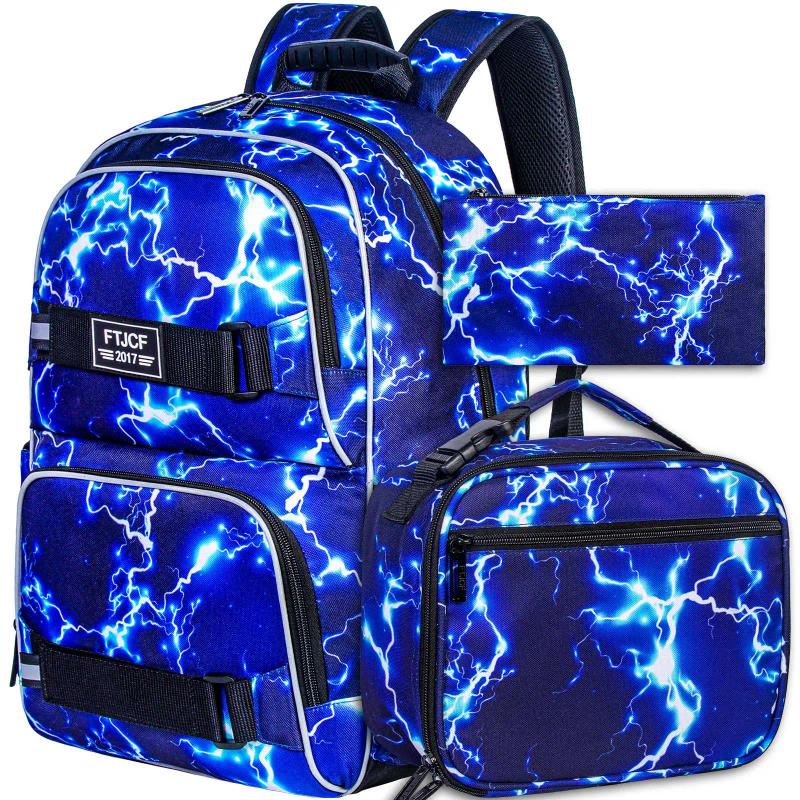 Description Picture 2 of item3PCS Lightning boys Backpack, 16 Inch School Laptop Bookbag Teen College Water Resistant Kids Backpacks with Lunch Box Set Blue
