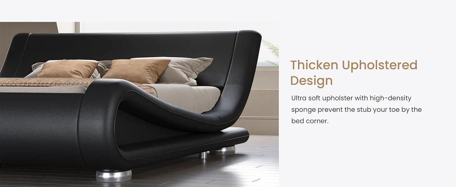 Description Picture 6 of itemSHA CERLIN King Upholstered Bed Frame, Low Profile Sleigh Bed, Faux Leather Headboard, No Box Spring Needed, Easy Assembly,Black