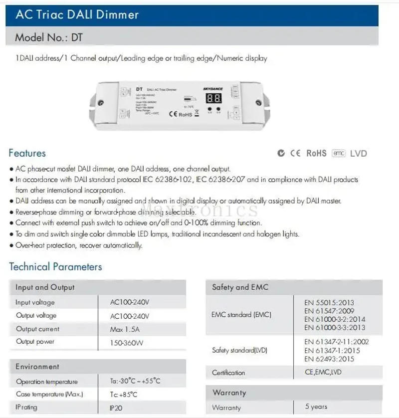 Description Picture 2 of itemDT/DT-B/DT-C/DT-D AC100-240V DALI AC Triac Dimmer Series 1CH*1.5A for Single Color Dimmable LED Light Incandescent Lamps Switch