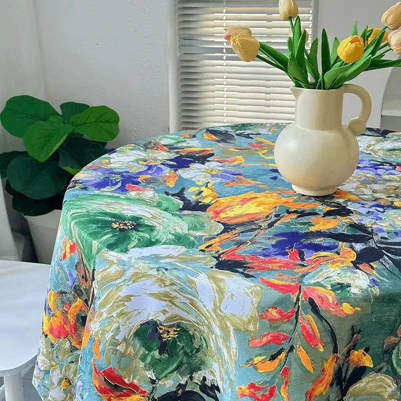 Description Picture 3 of itemRural abstract green oil painting style tablecloth, living room, home dining table, fabric decoration