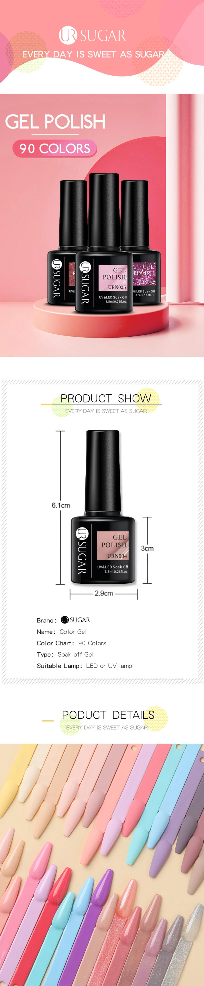 Description Picture 2 of itemUR SUGAR Gold Aurora Nail Gel Polish 7.5ml Glitter Color Gel Nail Art Manicure Semi Permanent Varnish Soak Off UV LED Gel