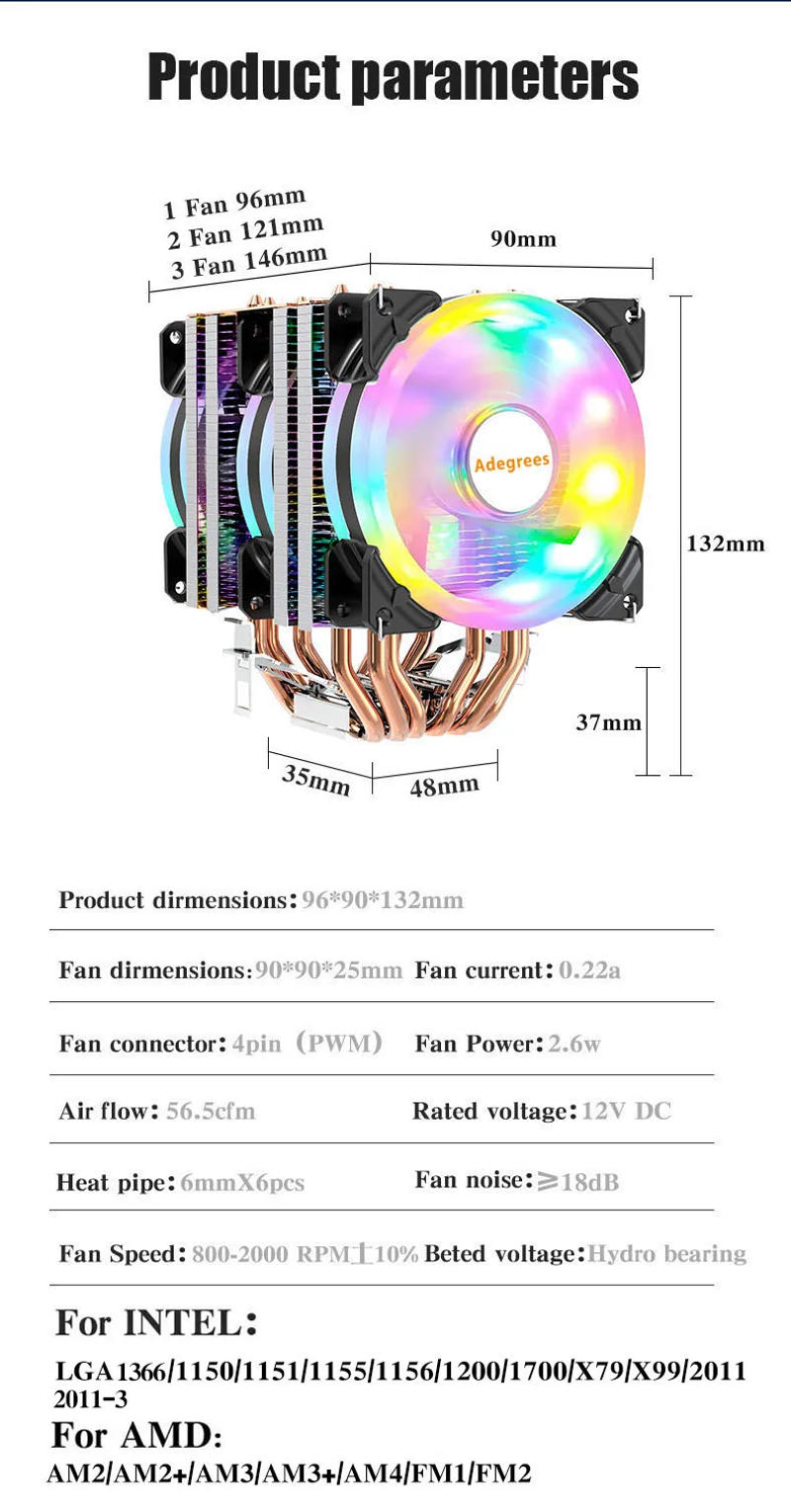 Description Picture 4 of item6 Heat Pipes ARGB CPU Air Cooler 4 Pin PWM Quiet CPU Cooling Fan for Intel LGA 1700 2011 1200 1156 X79 X99 AM3 AM4 PC Radiator