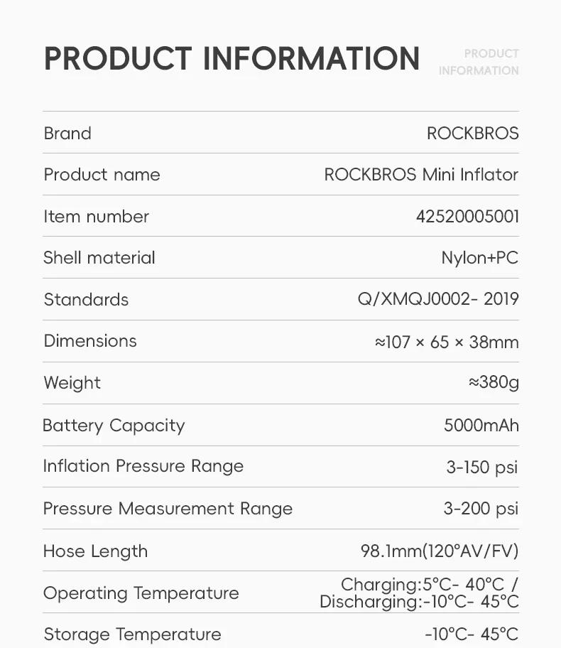 Description Picture 3 of itemROCKBROS Mini Pump 150psi Portable Riding Bicycle Electric Air Pump 5V2A Type-C Outdoor Portable  MTB Road Bike Motorcycle Pumps