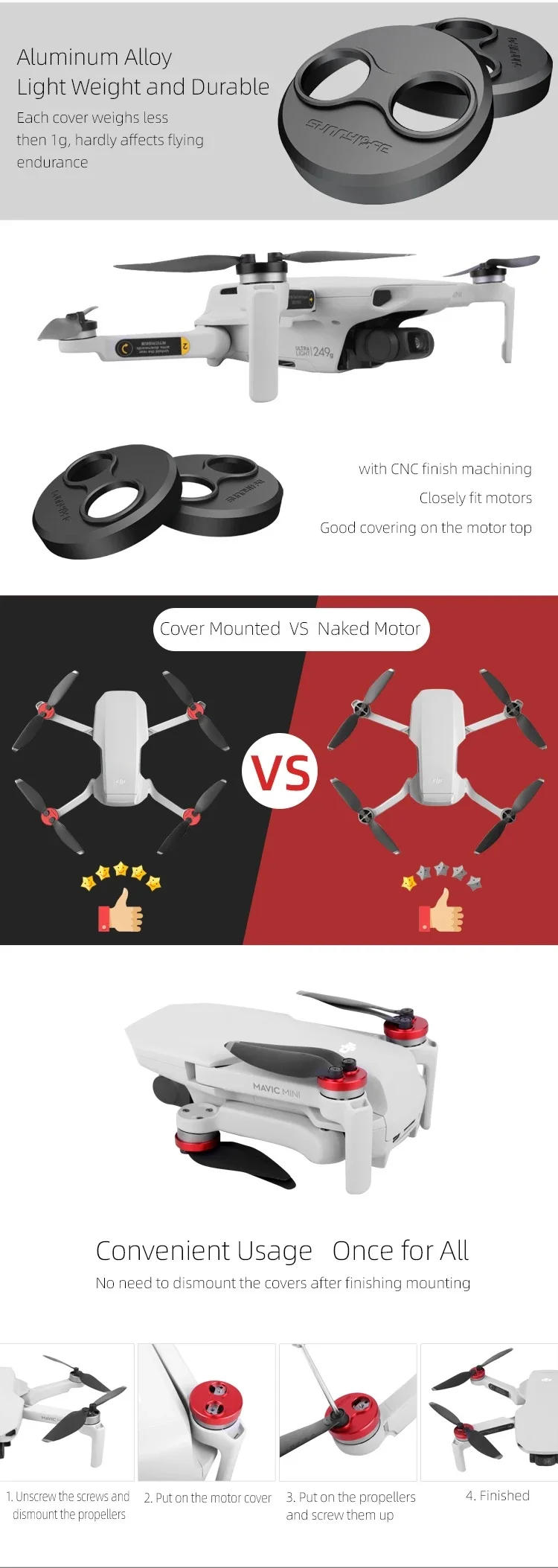 Description Picture 3 of itemAluminium Motor Cover Cap Hood for DJI Mini 2 SE/MINI 3 Pro Accessories Cover Against Paddles Dust-Proof Engine Protector