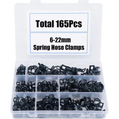 165Pcs Spring Band Hose Clamps Assortment kits Silicone Vacuum Hose Pipe Clamp 6-22mm Low Pressure Air Clip Clamp(Black)