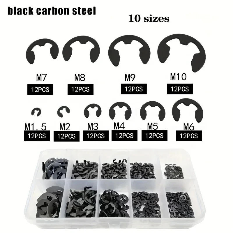 Description Picture 3 of item120PCS Black Stainless Steel Retaining Circlip Set Snap Ring E-Clip Washer Assortment for Shaft Fastener M1.5-M10