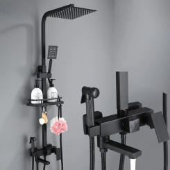 Long Spout Matte Black Shower Faucet Set Rainfall High Quality All Metal Bathtub Mixer Tap 4-way With Bidet Stainless Steel