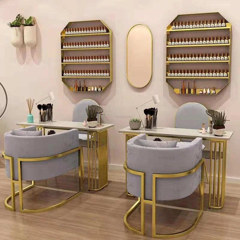 Description Picture 6 of itemSimple Iron Art Nail Tables Beauty Salon Professional Manicure Table European Salon Furniture Home Double-layer Table Chair Set