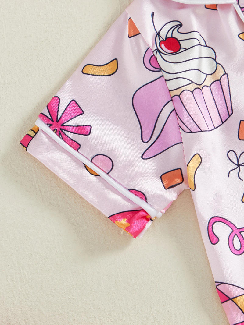 Description Picture 5 of itemBaby Girls Birthday Pajamas Short Sleeve Bow Cake Print Button Closure Jumpsuit Sleepwear Loungewear