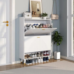 Shoe Storage Cabinet with 2 Flip Drawers, Slim Wooden Freestanding Shoe Cabinet with Cubby and Shelf, Hidden Narrow Shoes Rack