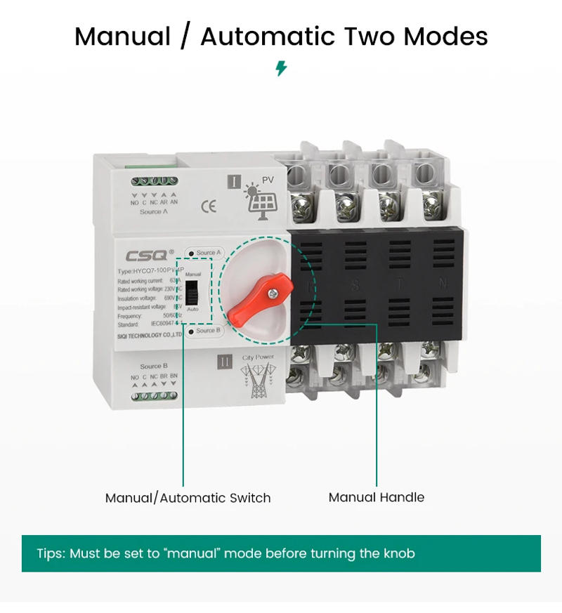 Description Picture 5 of itemCSQ HYCQ7 Din Rail 2P 4P ATS Dual Power Automatic Transfer Switch Selector Switches Uninterrupted Power Generator 63A 100A