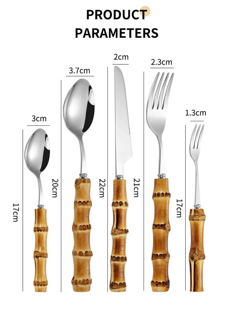 Description Picture 6 of item16/24Pcs Tableware Set Stainless Steel Purely Natural Bamboo Handle Flatware Dinnerware Steak Knife Cutlery Dinner Spoon Fork
