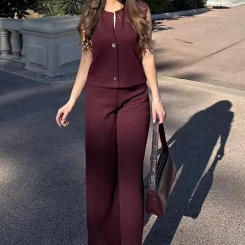 Casual Knit Vest Pants Set Women Solid O-neck Single-breasted Cardigans Wide Leg Trousers 2025 Spring Summer 2 Pieces Lady Sets