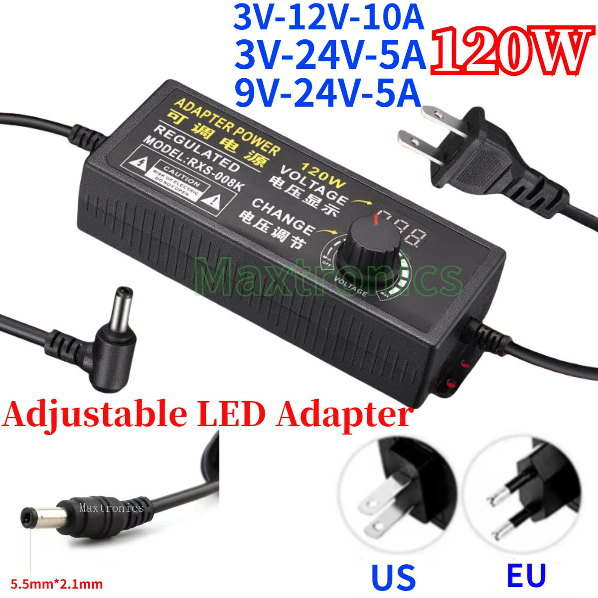 Description Picture 3 of item120W Adjustable AC to DC 3V-12V-10A/3-9V-24V-5A With Display Screen Universal Adapter Power Supply 5.5*2.1mm for LED Strip Light