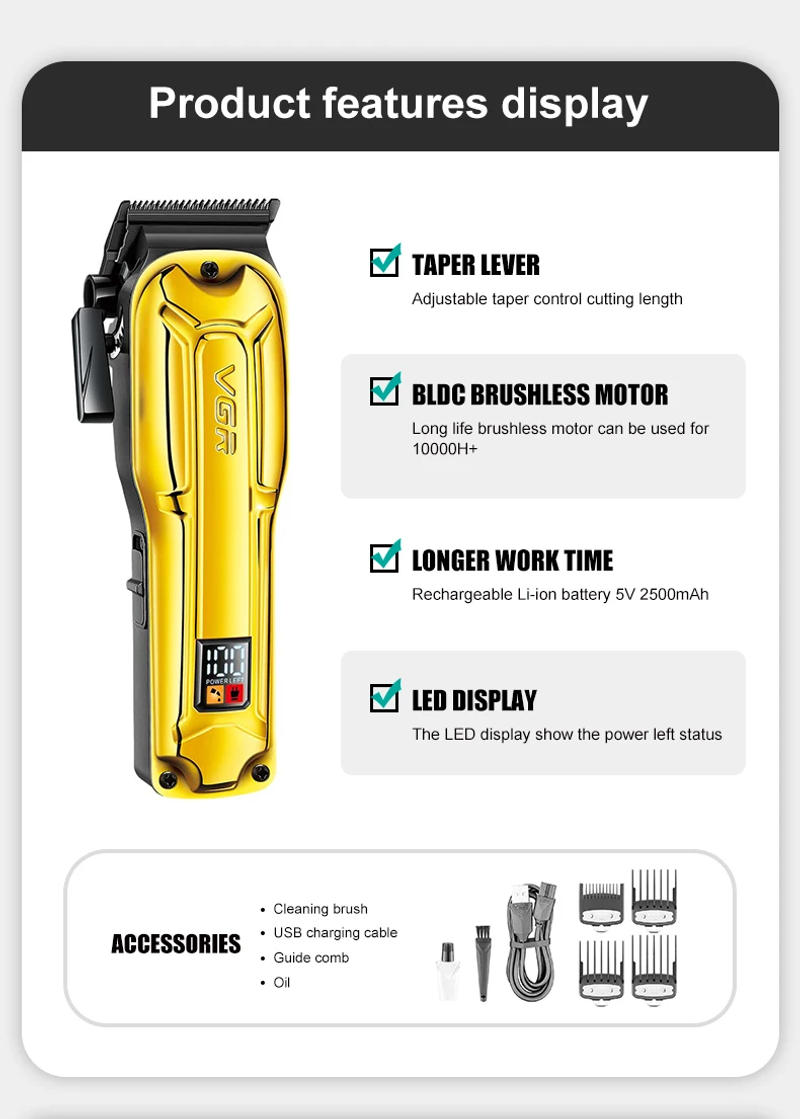 Description Picture 4 of itemVGR 138 BLDC blade cordless hair clipper, metal rechargeable professional men's hair clipper, deep cleaning hair trimmer