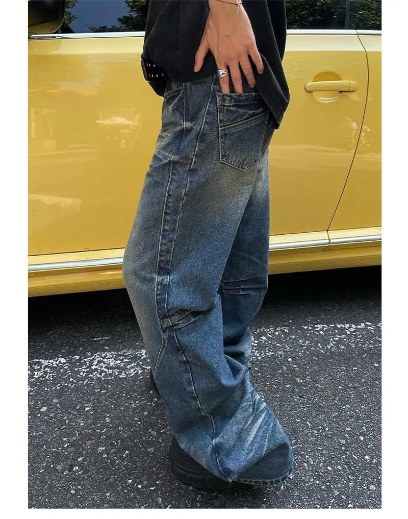 Description Picture 5 of itemWashed Distressed Pleated Straight Jeans Men's and Women's Loose Trousers