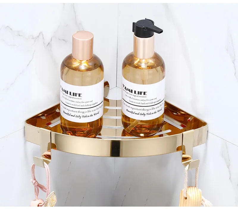 Description Picture 3 of item304 Stainless Steel Bathroom Storage Rack Coner Shelf Rose Gold Shower Rack Wall Mounted Organizer Shelf Bahroom Hardware Rack