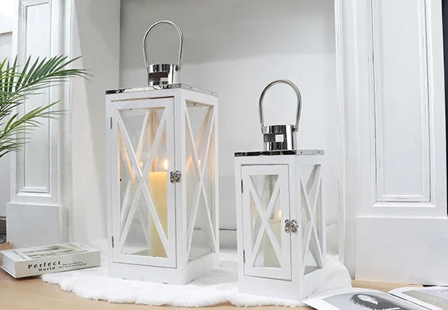 Description Picture 4 of itemFarmhouse Wood Lantern Decorative Candle Holders with Tempered Glass & Stainless Steel Handle Hanging Lantern for Indoor Outdoor