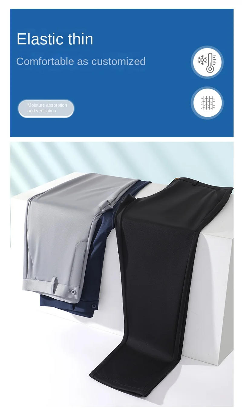 Description Picture 5 of itemHigh-End Business Casual Pants Men's Summer Thin Ice Silk Cool Straight Slim Elastic Silky Daily Office Suit Pants