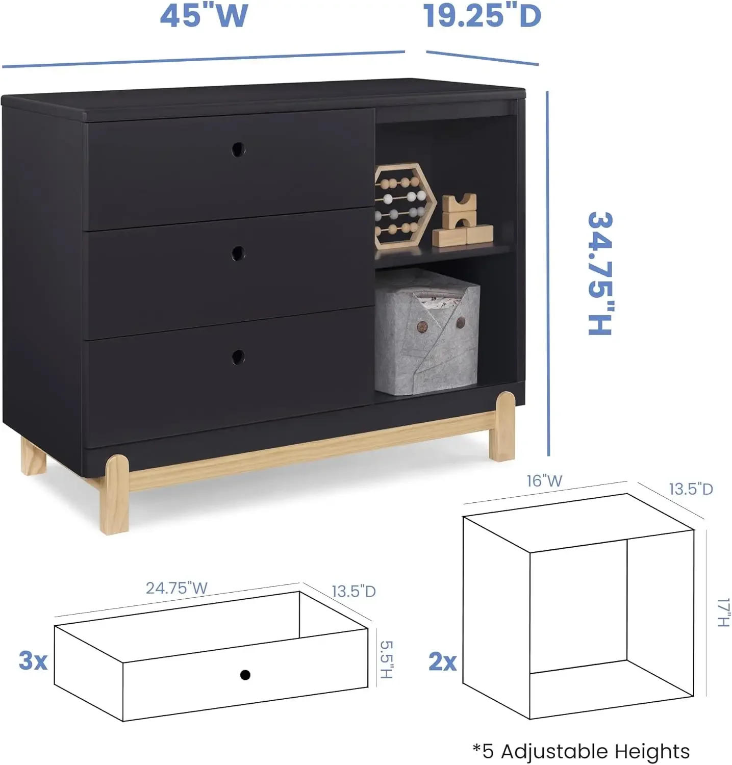 Description Picture 4 of itemDressers 3 Drawer Dresser  Midnight Grey/Natural 19.25"D X 45"W X 34.75"H Dresser Features Three Drawers and Two Side Cubbies