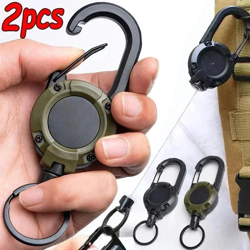 Description Picture 2 of item1/2pcs Heavy Duty Retractable Pull Badges ID Reel Carabiner Key Chain Steel Wire Rope Buckle Key Holder Outdoor Keychain Tools