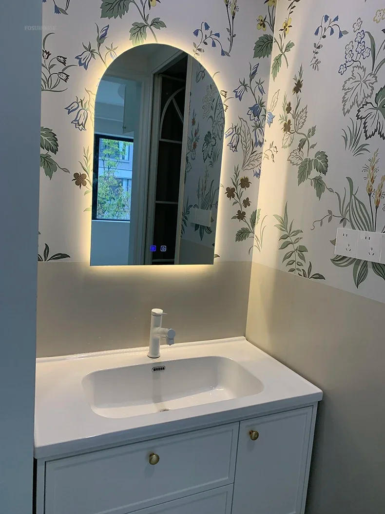 Description Picture 5 of itemFrench Glass Bath Mirrors for Toilet Wall-mounted Dressing Touch Screen Mirrors Light Luxury Arched Design Mirrors for Bedroom