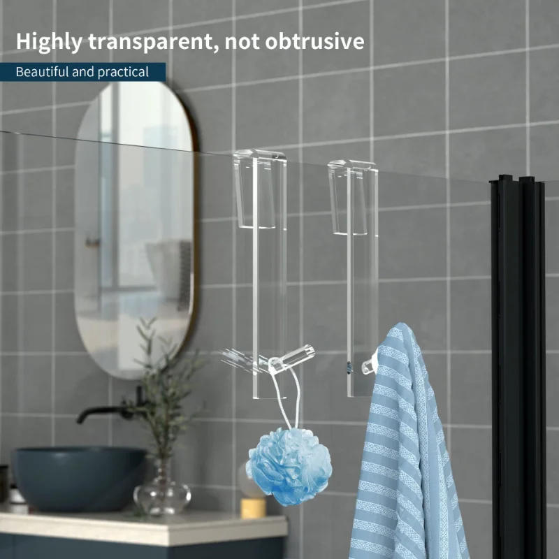 Description Picture 6 of itemAcrylic Bathroom Shower Door Hook Over Glass Door Shower Towel Rack Punch-Free Bathroom Bathrobe Hanger Transparent Towel Hooks