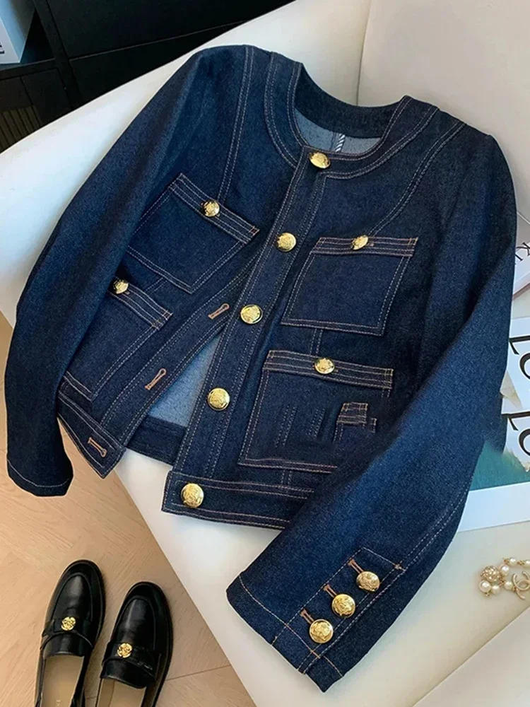 Description Picture 5 of itemBlue Denim Top Women Autumn Classic Style Short Coat New Korean Fashion  Chic Pockets O-Neck Female Ropa De Mujer Loose Jackets