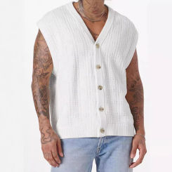 Vintage Sleeveless Knitted Cardigan Mens Tank Tops Fashion Button V Neck Knit Vest Shirts Men Summer Casual Camisoles Streetwear