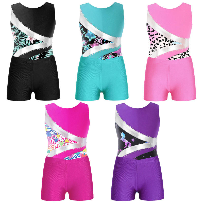 Description Picture 3 of itemKids Sleeveless Leopard Print Gymnastics Leotard with Shorts Yoga Gymnastics Jumpsuit for Girl Children Ballet Dance Outfits