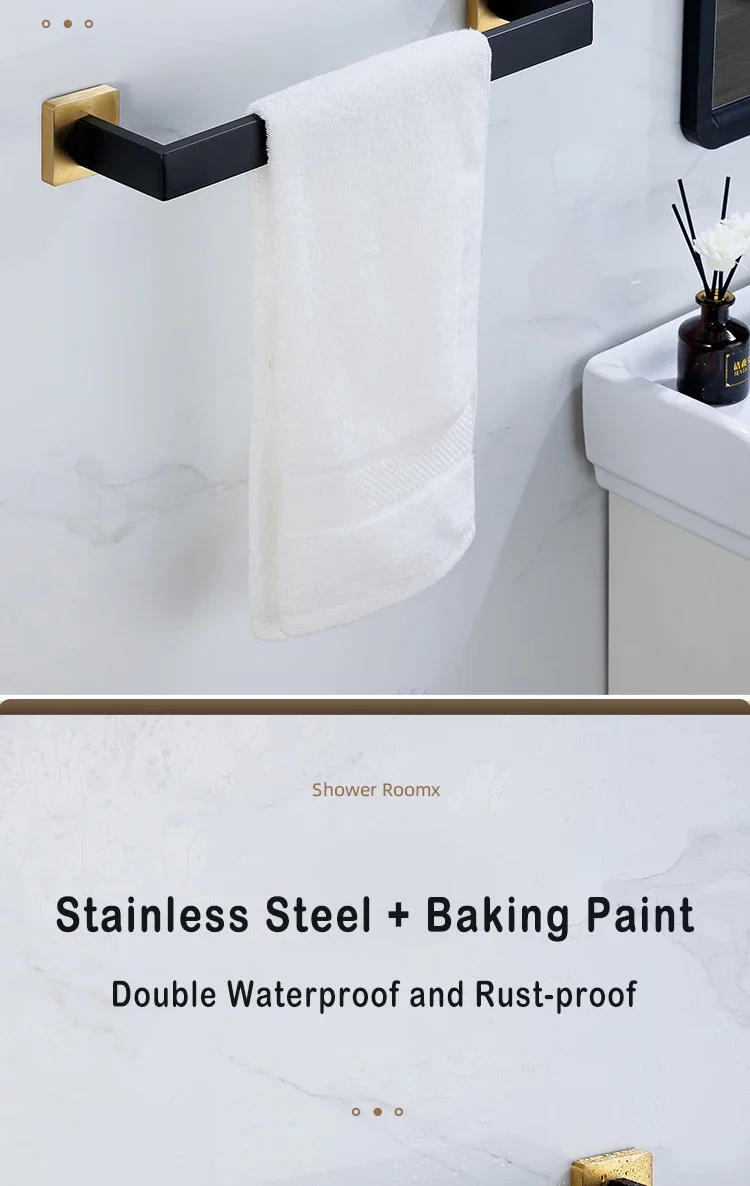 Description Picture 3 of itemBlack Gold Bathroom Hardware Set Wall Mount Stainless Steel Towel Bar Towel Ring Paper Holder Robe Hook Bathroom Accessories Set