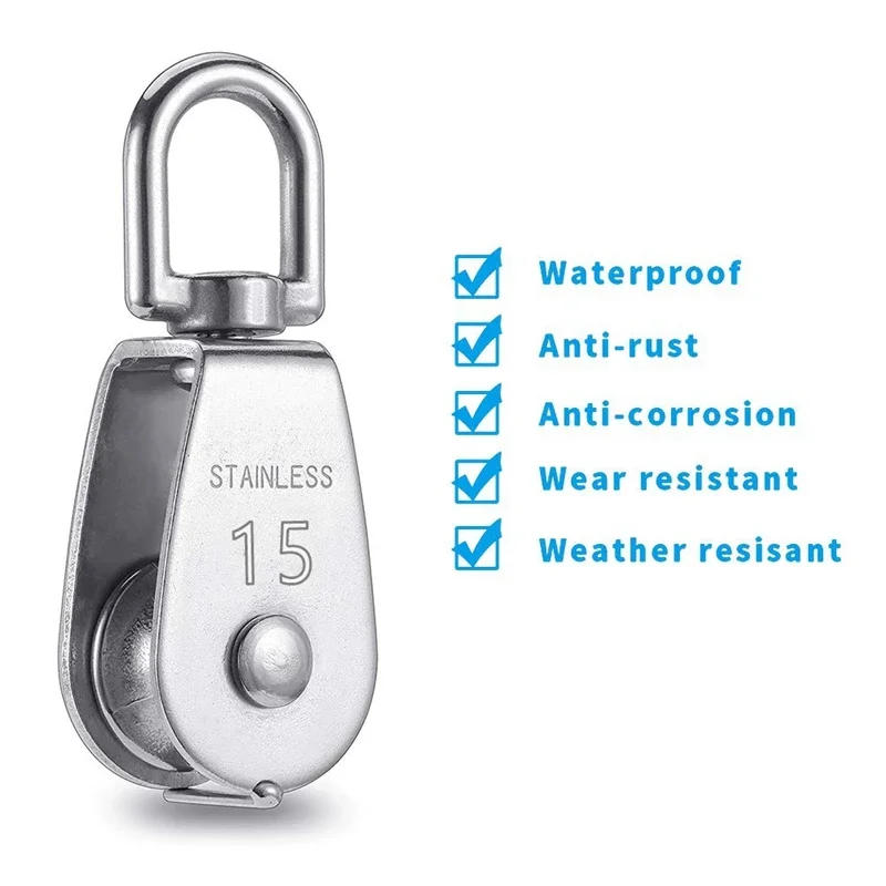 Description Picture 4 of item4PCS Single Pulley Block M15 Stainless Steel Small Pulley Roller For Rope Cord in Outdoor 360 Degrees Swivel Silver Pulley House
